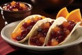 tacos with fruit toppings on a plate