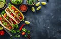 tacos with greenery, chilli pepper and lime on black background, top view Royalty Free Stock Photo