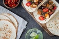 Tacos with grilled mushrooms, Spanish spicy sausage chorizo, Mexican tortillas, Cypriot cheese halloumi, hot chilly Royalty Free Stock Photo