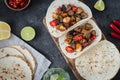 Tacos with grilled mushrooms, Spanish spicy sausage chorizo, Mexican tortillas, Cypriot cheese halloumi, hot chilly, dried oregano Royalty Free Stock Photo