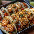 Tacos with grilled shrimps and vegetables. Mexican cuisine