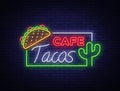 Tacos logo in neon style. Neon sign, symbol, bright billboard, nightly advertising of Mexican food Taco. Mexican street