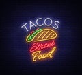 Tacos logo in neon style. Neon sign, symbol, bright billboard, nightly advertising of Mexican food Taco. Mexican street