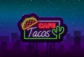 Tacos logo in neon style. Neon sign, symbol, bright billboard, nightly advertising of Mexican food Taco. Mexican street