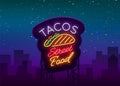 Tacos logo in neon style. Neon sign, symbol, bright billboard, nightly advertising of Mexican food Taco. Mexican street