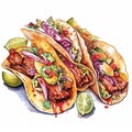 Tacos with meat, vegetables and sauce. Watercolor illustration