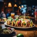 Tacos with meat, vegetables and sauce on a wooden table Royalty Free Stock Photo