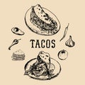 Tacos menu in vector. Tacos illustrations. Vintage hand drawn Mexican quick meals collection.Fast-food restaurant icons.