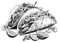 Tacos mexican food hand drawn engraving sketch Restaurant business concept Royalty Free Stock Photo