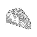 Tacos - mexican traditional food. Vector vintage engraved illustration for menu, poster, web. Isolated on white background. Royalty Free Stock Photo