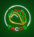 Tacos neon emblem. Mexican traditional cuisine logo