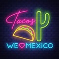 Tacos- Neon Sign Vector on brick wall background Royalty Free Stock Photo
