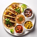 Tacos with salsa, guacamole and corn on white plate