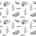 Tacos seamless pattern, hand drawn illustration. Mexican cuisine. Fast food menu design. Tacos hand drawn. Mexican food. design Royalty Free Stock Photo