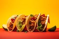 Tacos tasty fast food street food for take away on yellow background