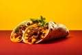 Tacos tasty fast food street food for take away on yellow background