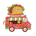 Tacos truck. Street fast food truck with huge taco on the roof, takeaway restaurant isolated concept, market in street Royalty Free Stock Photo