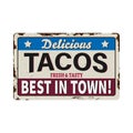 Tacos Vector retro sign template for traditional taco meal in Mexican restaurants. Hot and spicy Mexican tacos advertise Royalty Free Stock Photo