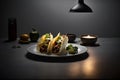 Tacos with vegetables and meat with guacamole sauce on a dark background. A place to copy