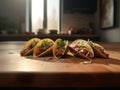 Tacos on wood table, mexican food, ai-generated artwork