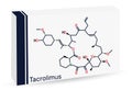 Tacrolimus, FK-506 or Fujimycin molecule. It is potent immunosuppressive agent. Skeletal chemical formula. Paper packaging for