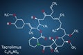 Tacrolimus, FK-506 or Fujimycin molecule. It is potent immunosuppressive agent. Structural chemical formula on the dark blue