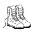 Tactical army boots hand drawn black and white vector illustration for military, combat or camping and hiking designs Royalty Free Stock Photo
