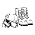 Tactical army boots and soldier helmet hand drawn black and white vector illustration for military and combat designs Royalty Free Stock Photo