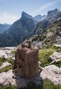 Tactical backpack on the background of the Cantabrian mountains Royalty Free Stock Photo