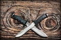 Tactical Combat Hunting Survival Bowie Knives With Crossed Blades On Grunge Vignetted Old Knotted Pinewood Grunge Background Royalty Free Stock Photo