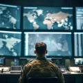 Tactical Expertise, Soldier Working in the War Room with Maps and Surveillance Screens, Generative AI