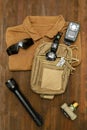 Tactical gear equipment of Special forces police.military ammunition.Assortment of survival hiking Royalty Free Stock Photo