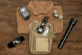 Tactical gear equipment of Special forces police.military ammunition.Assortment of survival hiking Royalty Free Stock Photo