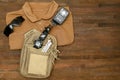 Tactical gear equipment of Special forces soldier police.military ammunition,flashlight,watch,walkie-talkie, body camera Royalty Free Stock Photo