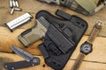 Tactical Handgun and Gear including Watch, Bullets, Knife, Holster, Bag