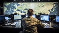 Tactical Operations: Soldier in a Modern War Room Utilizing Maps and Screens, Generative AI