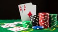 Tactical presentation of a pair of aces and a tower of chips on a green poker table felt surface Royalty Free Stock Photo