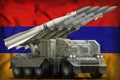 Tactical short range ballistic missile with arctic camouflage on the Armenia national flag background. 3d Illustration
