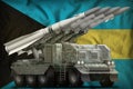 Tactical short range ballistic missile with arctic camouflage on the Bahamas national flag background. 3d Illustration