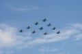 Tactical wing consisting of a group of su-30SM and su-35S fighters and SU-34 bombers in the sky over Moscow during the dress rehea