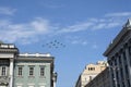 Tactical wing consisting of a group of su-30SM and su-35S fighters and SU-34 bombers in the sky over Moscow during the dress rehea