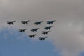 A tactical wing consisting of a group of SU-34, SU-30SM and SU-35 fighters in the sky over Moscow`s Red Square during the dress re