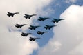 A tactical wing consisting of a group of SU-34, SU-30SM and SU-35 fighters in the sky over Moscow`s Red Square during the dress re