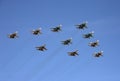 Tactical wing in the group of fighters SU-34, SU-30SM and SU-35 fly during the parade in the sky over Red Square. Royalty Free Stock Photo