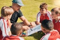 Tactics, children and soccer with a coach and team talking strategy before a game on an outdoor field. Football, kids Royalty Free Stock Photo
