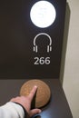 Tactile display. Blind visitor touching a neolithic pottery