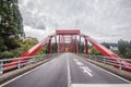 Tadami river with red bridge