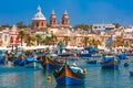 Taditional eyed boats Luzzu in Marsaxlokk, Malta Royalty Free Stock Photo