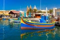 Taditional eyed boats Luzzu in Marsaxlokk, Malta Royalty Free Stock Photo