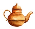 Taditional oriental teapot, copper turkish teapot, oriental tea drinking on white background